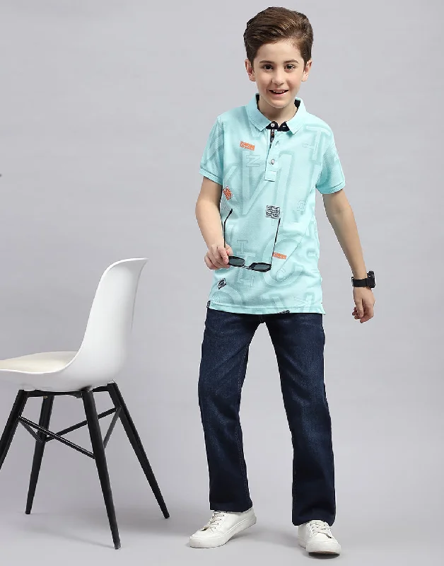 Boys Aqua Blue Printed Polo Collar Half Sleeve T-Shirt