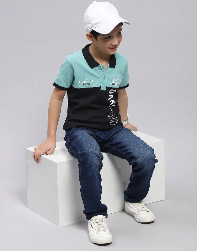 Boys Blue Printed Polo Collar Half Sleeve T-Shirt