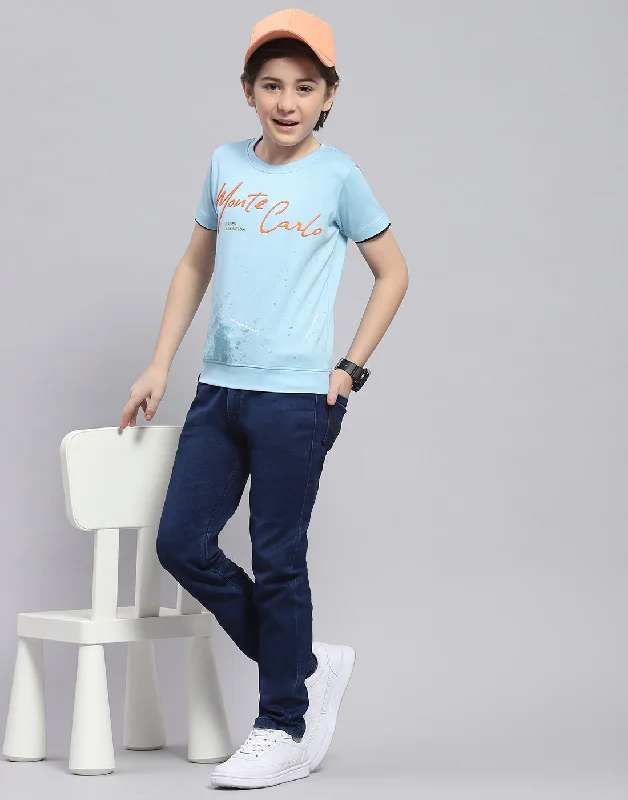 Boys Blue Printed Round Neck Half Sleeve T-Shirt