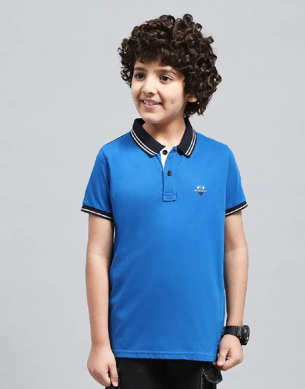 Boys Blue Solid Polo Collar Half Sleeve T-Shirt