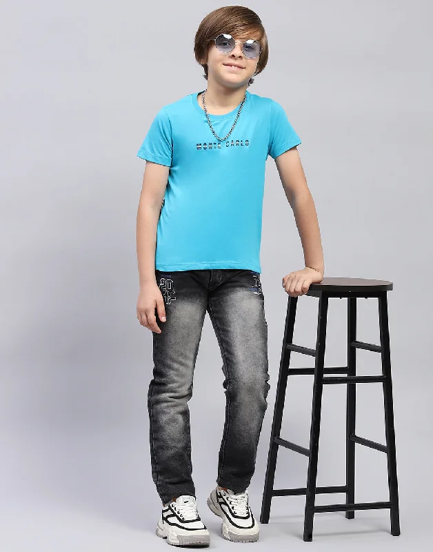 Boys Blue Solid Round Neck Half Sleeve T-Shirt