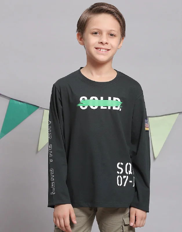 Boys Green Printed Round Neck Full Sleeve T-Shirts