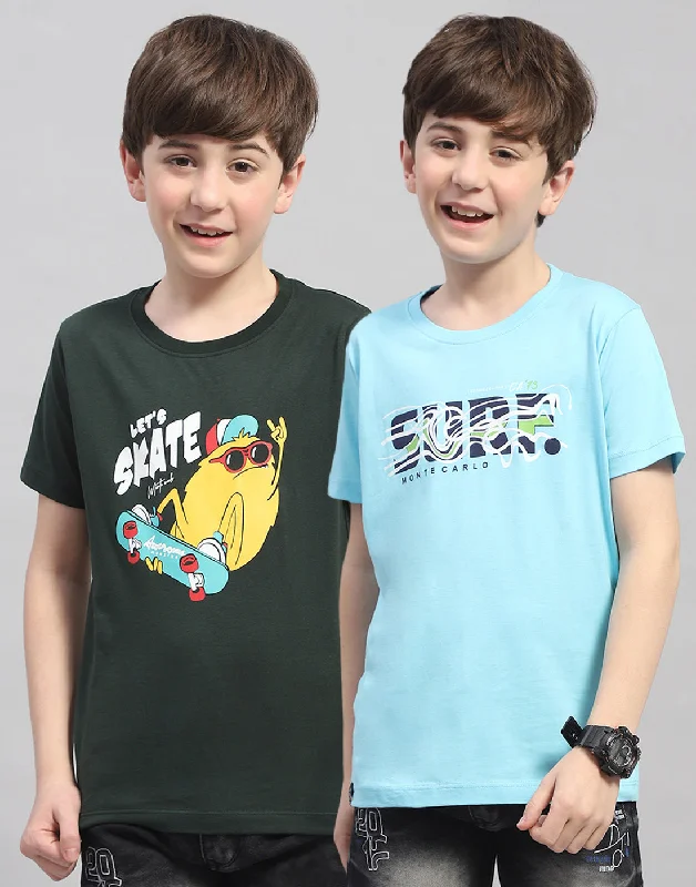 Boys Green & Turquoise Blue Printed Round Neck Half Sleeve T-Shirt (Pack of 2)