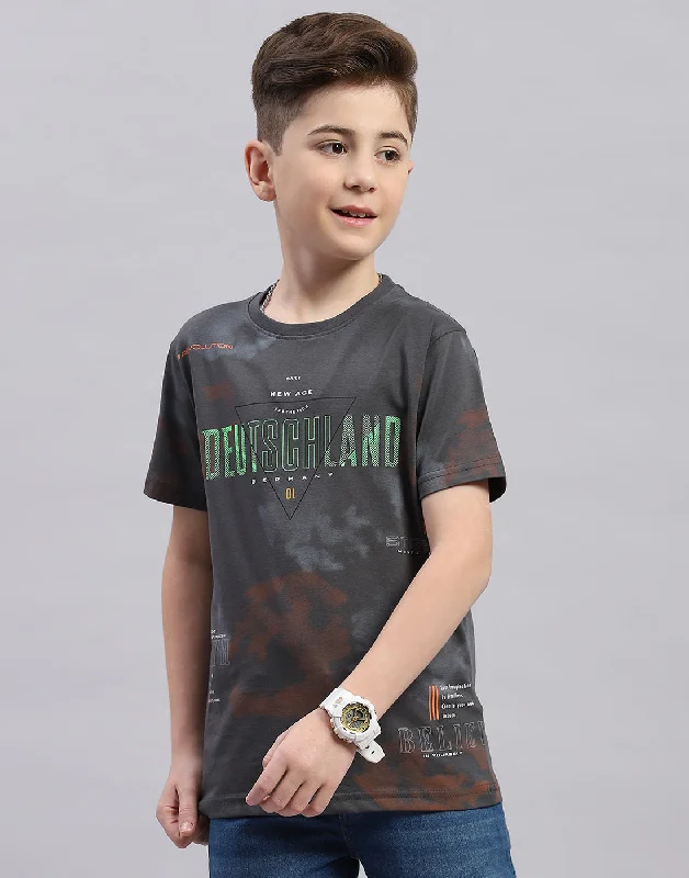 Boys Grey Printed Round Neck Half Sleeve T-Shirt