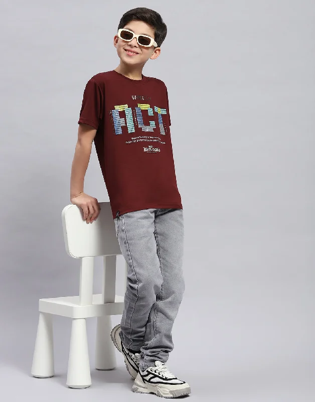 Boys Maroon Printed Round Neck Half Sleeve T-Shirt