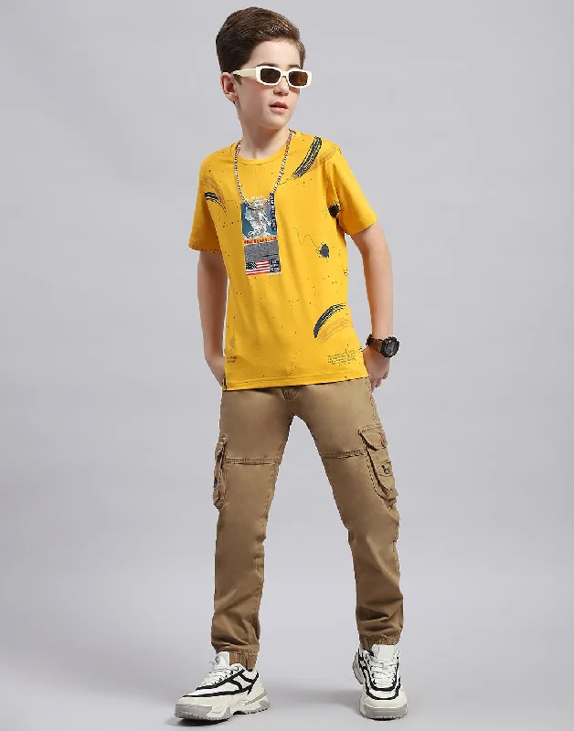 Boys Mustard Printed Round Neck Half Sleeve T-Shirt