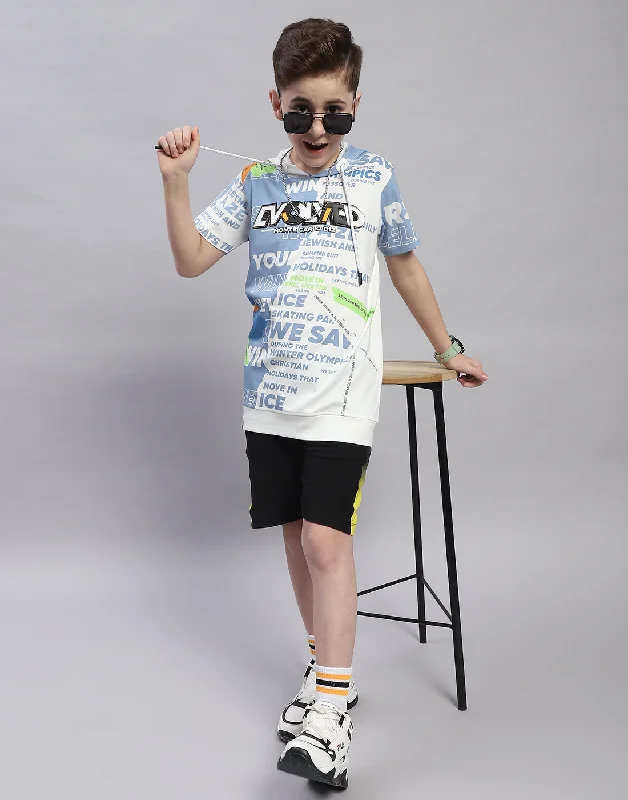 Boys Off White Printed Hooded Half Sleeve T-Shirt