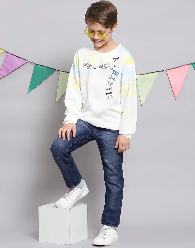 Boys Off White Printed Round Neck Full Sleeve T-Shirts