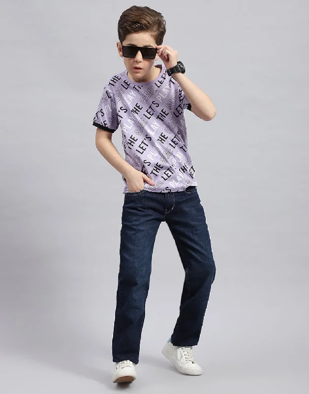 Boys Purple Printed Round Neck Half Sleeve T-Shirt