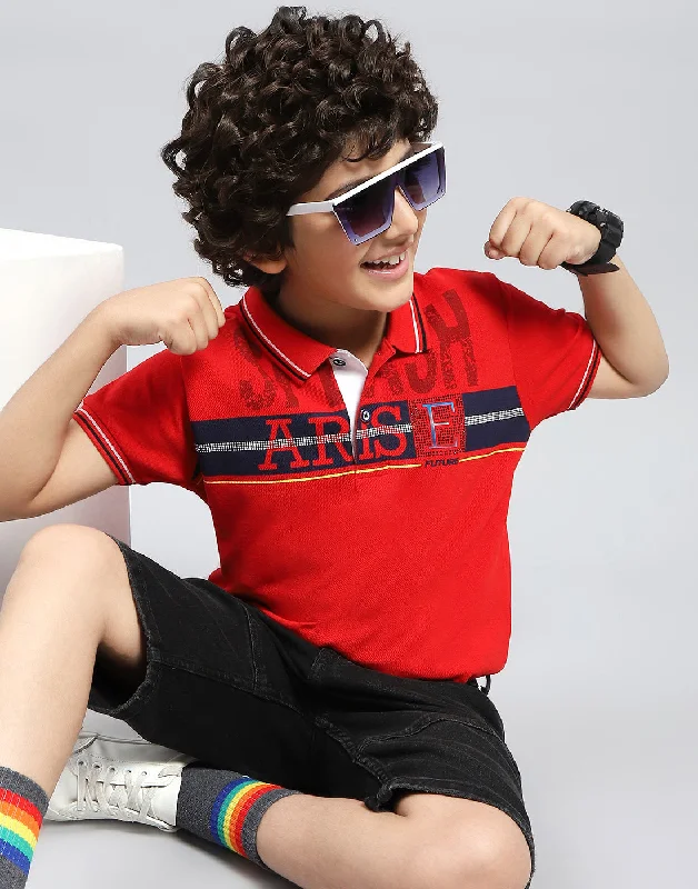 Boys Red Printed Polo Collar Half Sleeve T-Shirt