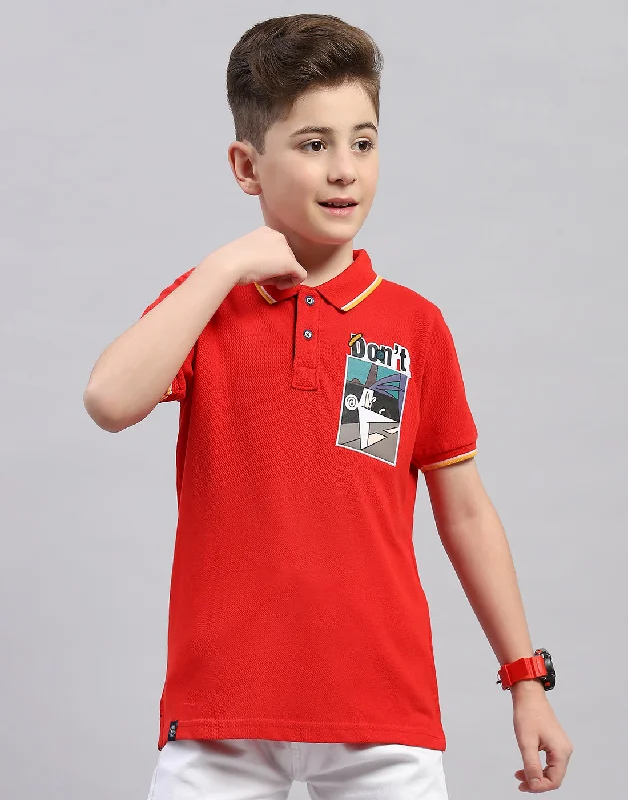 Boys Red Printed Polo Collar Half Sleeve T-Shirt