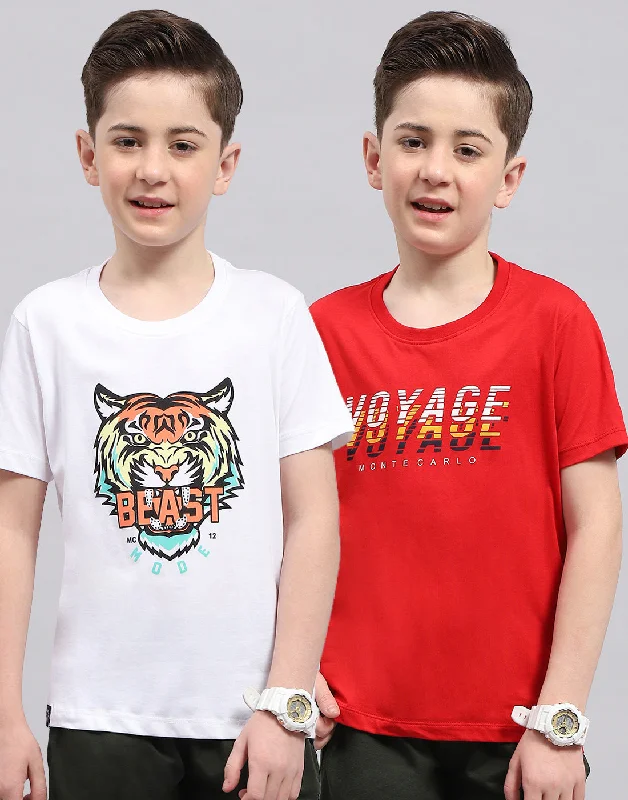 Boys Red & White Printed Round Neck Half Sleeve T-Shirt (Pack of 2)