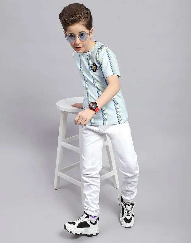 Boys Sky Blue Stripe Round Neck Half Sleeve T-Shirt