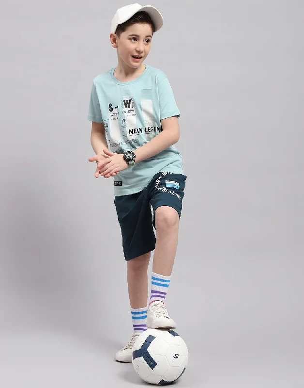 Boys Turquoise Blue Printed Round Neck Half Sleeve T-Shirt