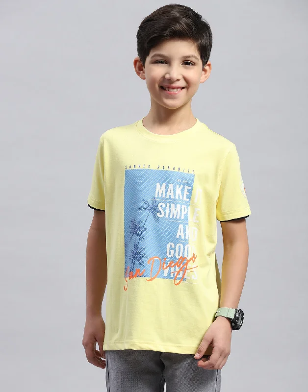 Boys Yellow Printed Round Neck Half Sleeve T-Shirt