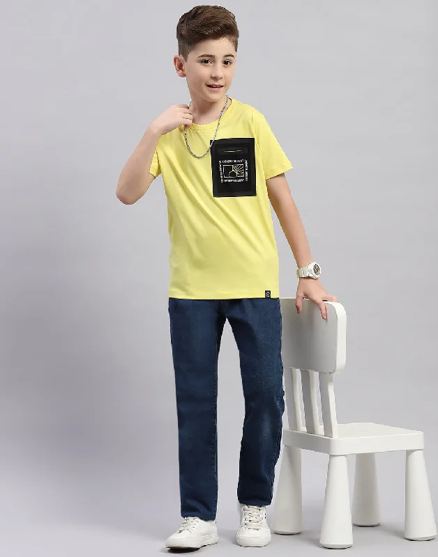 Boys Yellow Printed Round Neck Half Sleeve T-Shirt