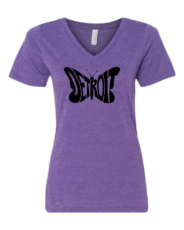 Ladies Relaxed V-neck Detroit Butterfly T-shirt - Triblend Orchid