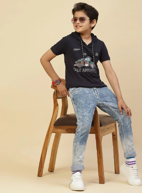 Boys Navy Blue Printed T-Shirt