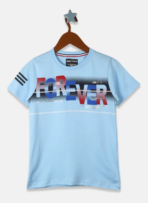 Boys Sky Blue Printed T-Shirt