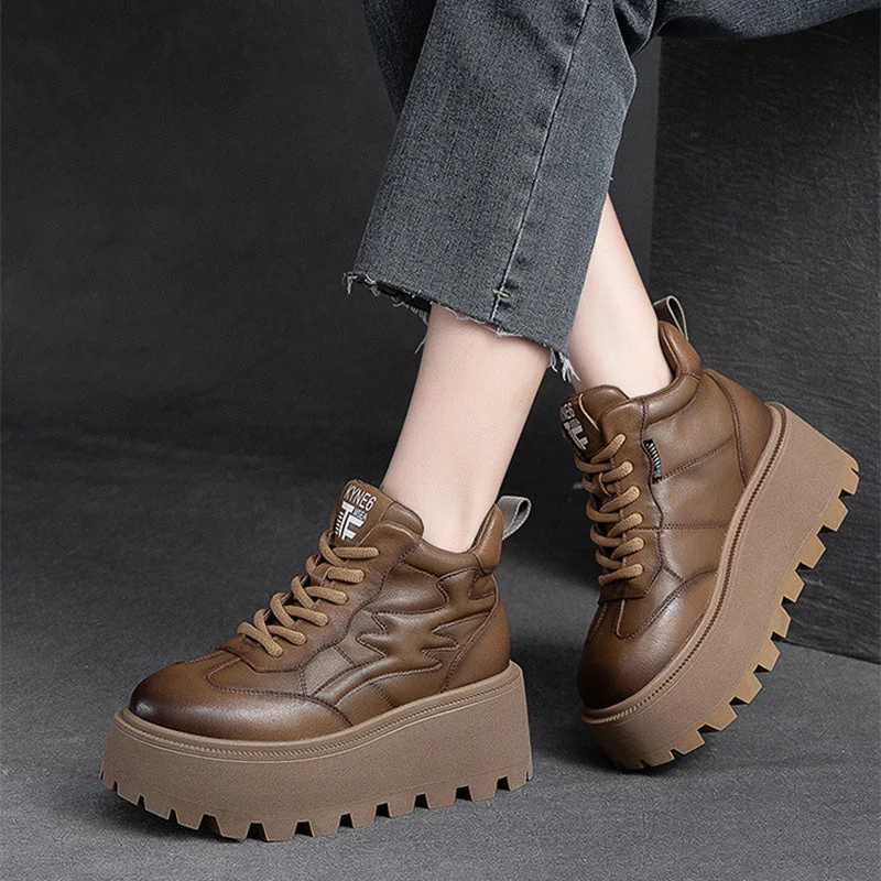 Women Minimalist Cowhide Chunky Platform Casual Shoes