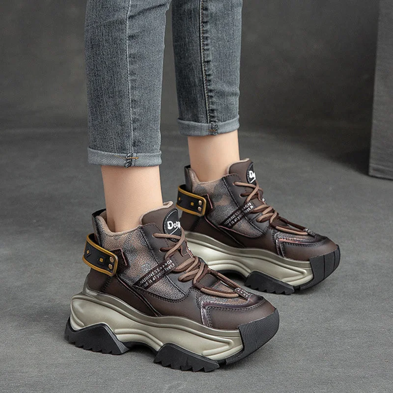 Women Retro Fashion Leather Chunky Platform Dad Shoes