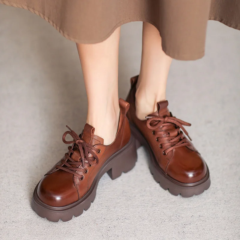 Women Retro Leather Chunky Platform Casual Shoes