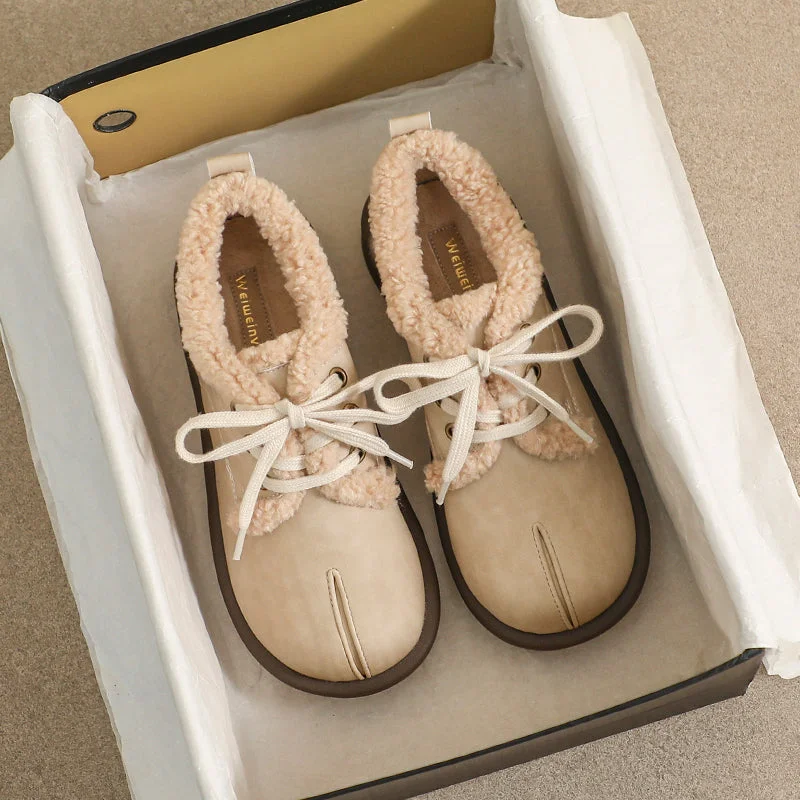 Women Retro Leather Furred Flat Casual Shoes