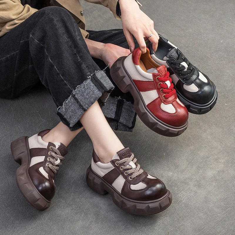 Women Retro Leather Patchwork Casual Shoes