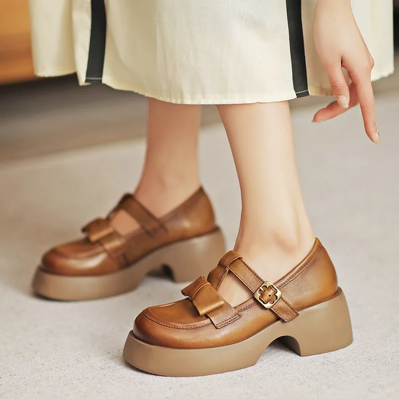 Women Retro Leather Solid Chunky Casual Shoes