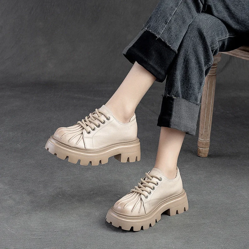 Women Retro Leather Thick Lug Soled Casual Shoes