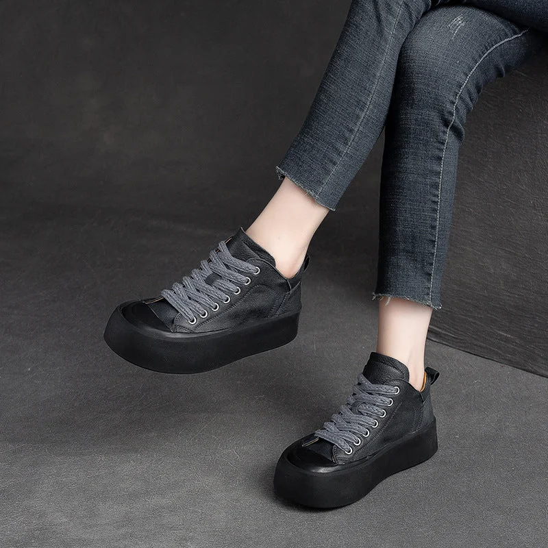 Women Retro Leather Thick Soled Casual Shoes