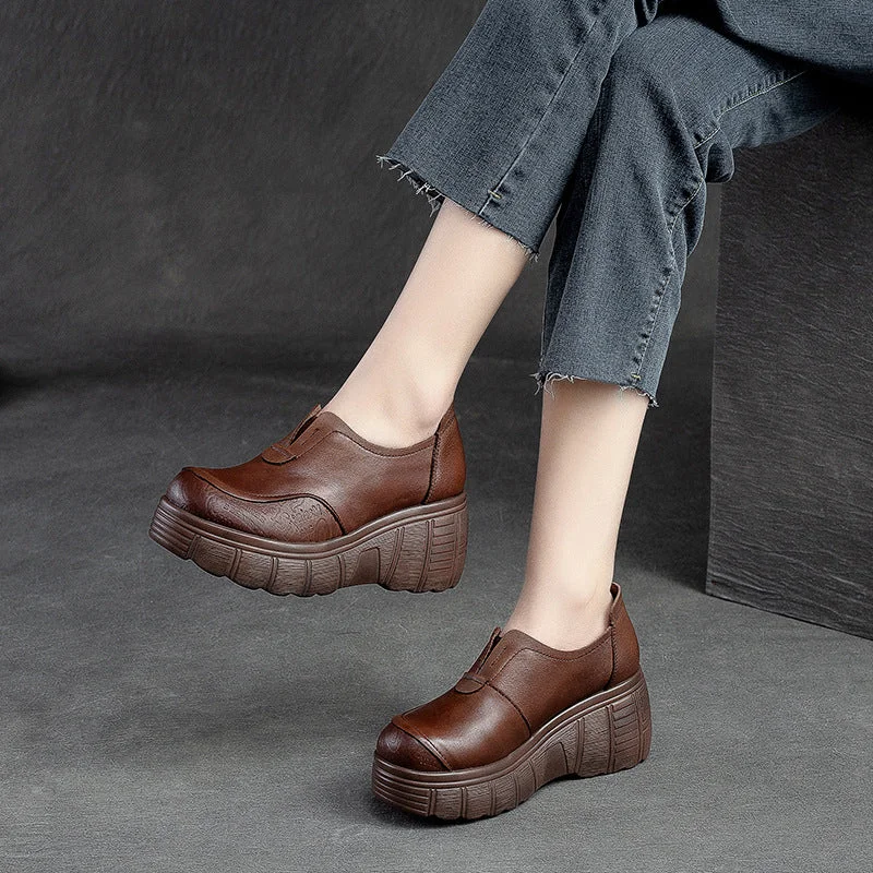 Women Retro Minimalist Leather Wedge Casual Shoes