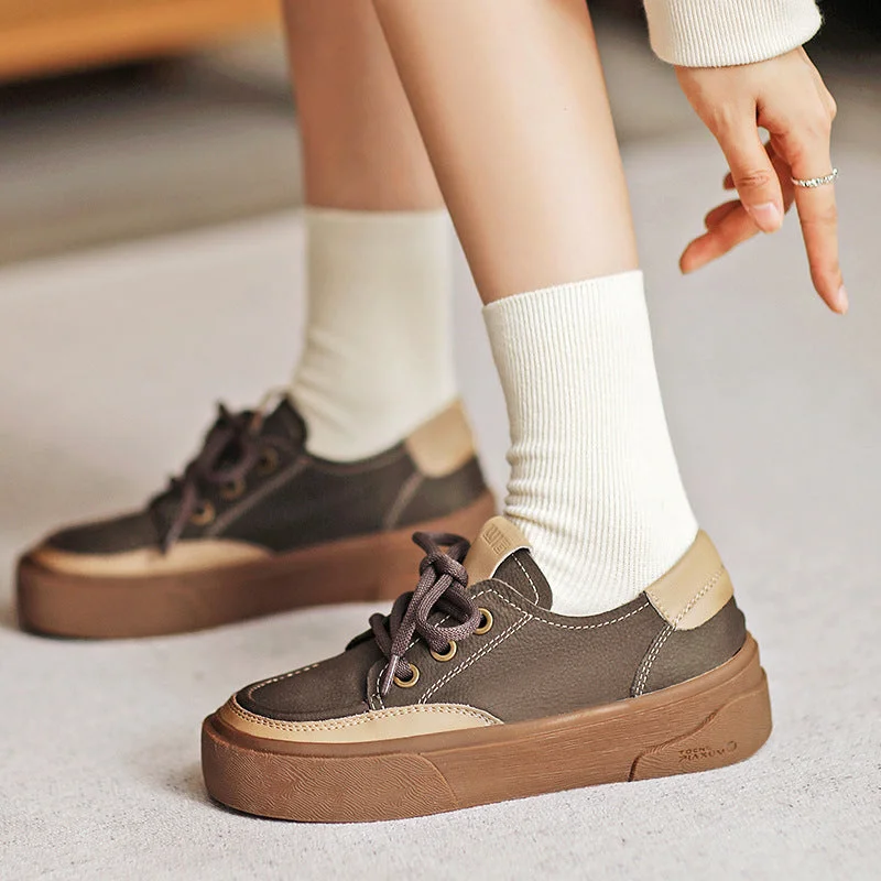 Women Retro Patchwork Leather Flat Casual Shoes