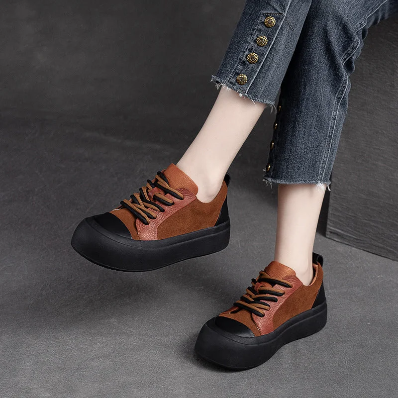 Women Retro Patchwork Leather Flat Casual Shoes