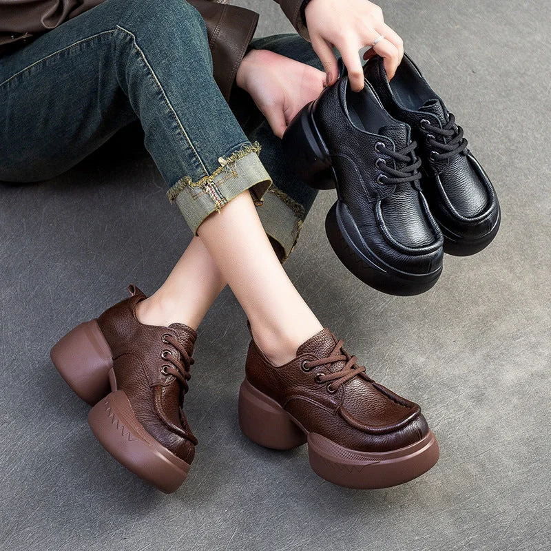 Women Retro Soft Leather Platform Casual Shoes