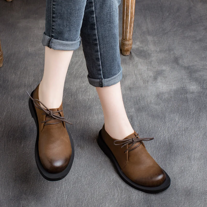 Women Retro Solid Cowhide Casual Shoes