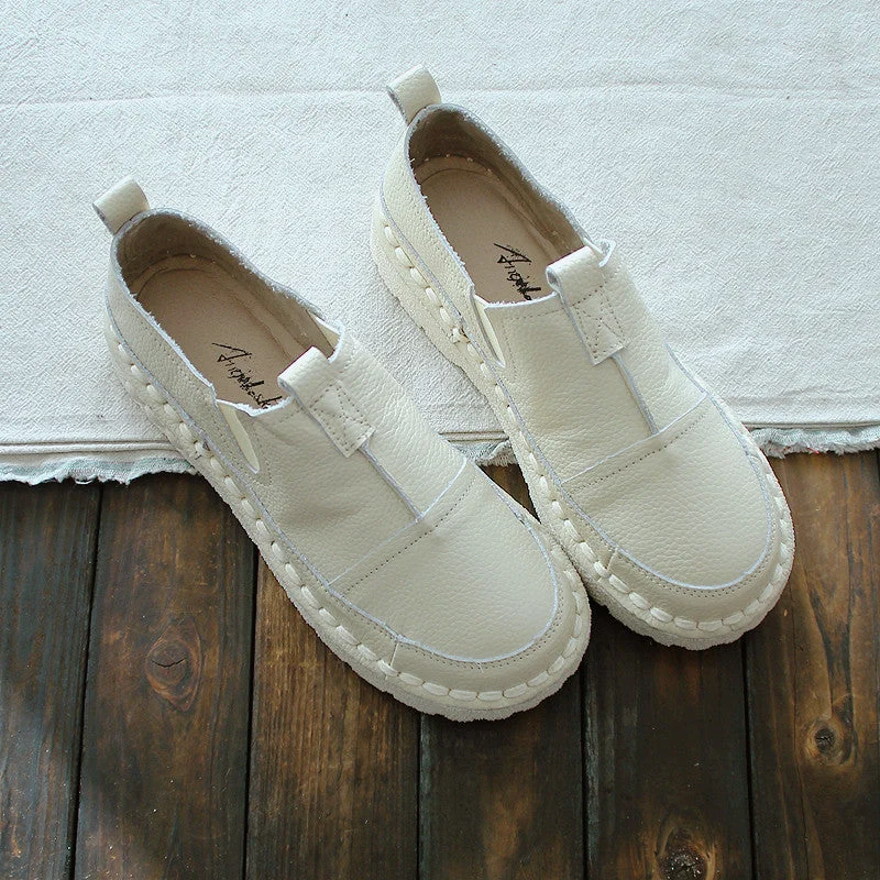 Women Retro Solid White Leather Casual Shoes