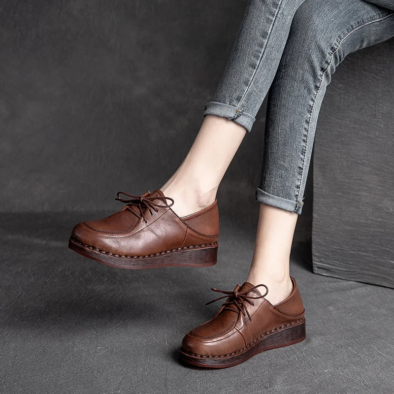 Women Soft Leather Retro Solid Casual Shoes