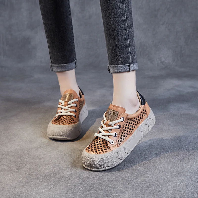 Women Stylish Hollow Leather Thick Soled Casual Shoes