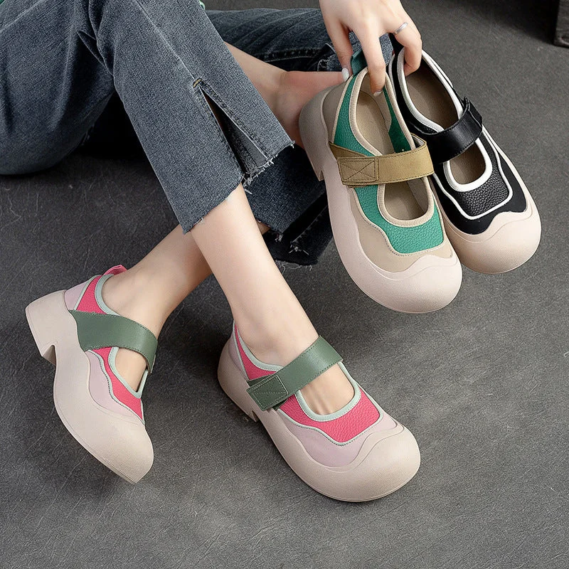 Women Stylish Patchwork Leather Lug Sole Casual Shoes