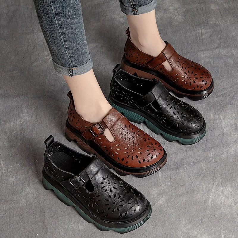 Women Summer Casual Hollow Leather Lug Sole Shoes