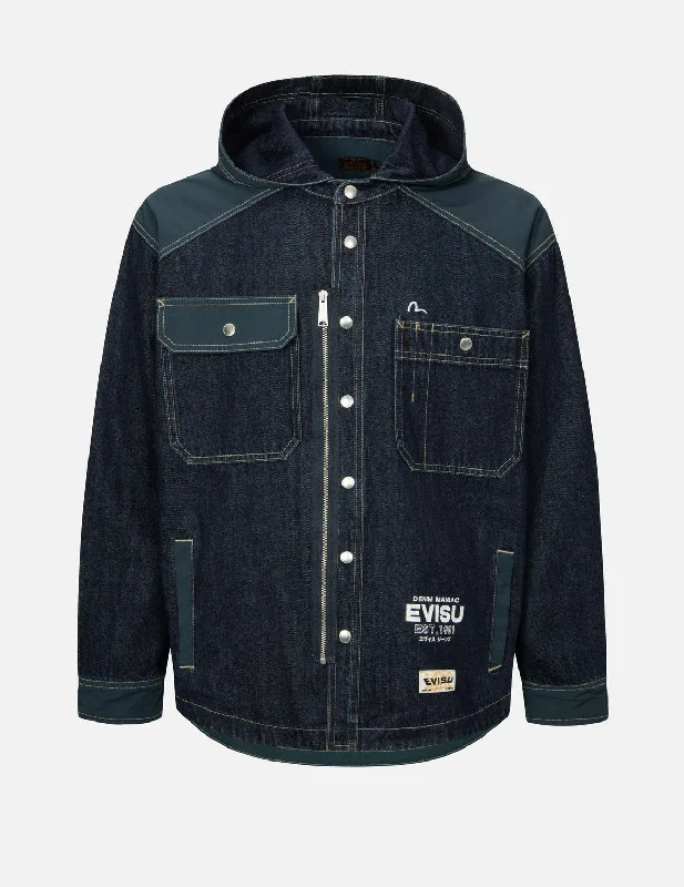 Logo Print Loose Fit Hooded Denim Shirt Jacket