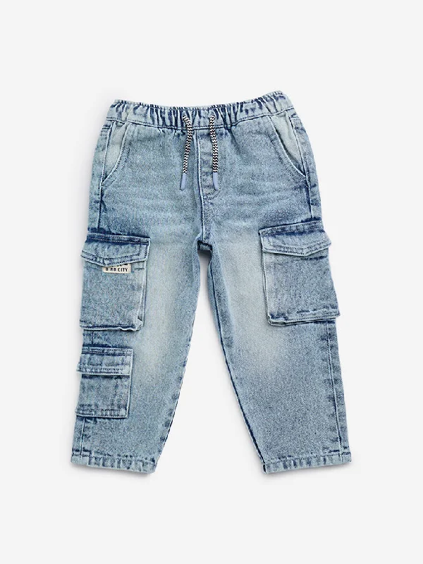 HOP Kids Light Blue  Cargo-Style Relaxed - Fit Mid - Rise Jeans