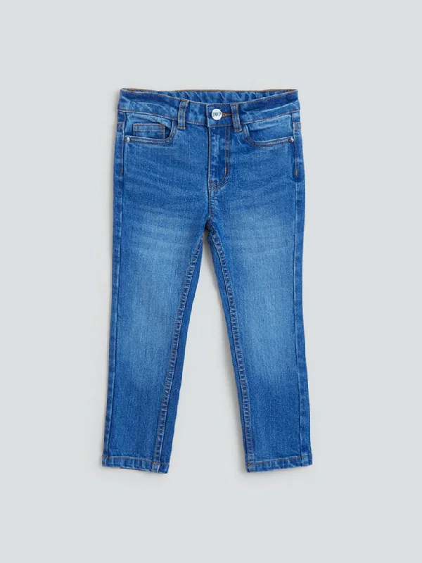 HOP Kids Blue Whisker Design Slim - Fit Mid- Rise Jeans