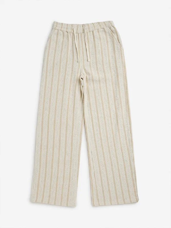 Y&F Kids Beige Striped High-Rise Cotton Blend Trousers