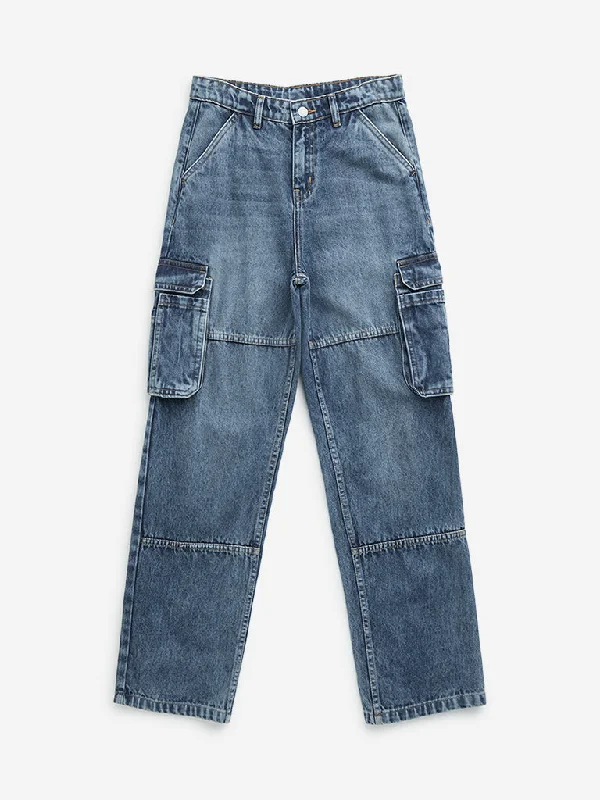 Y&F Kids Blue Cargo-Style Relaxed - Fit High - Rise Jeans