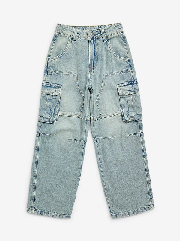 Y&F Kids Light Blue Straight - Fit High - Rise Cargo Jeans