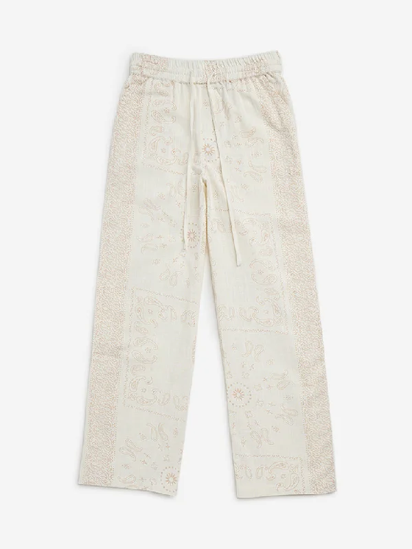 Y&F Kids Off-White Paisley Design Mid-Rise Cotton Pants